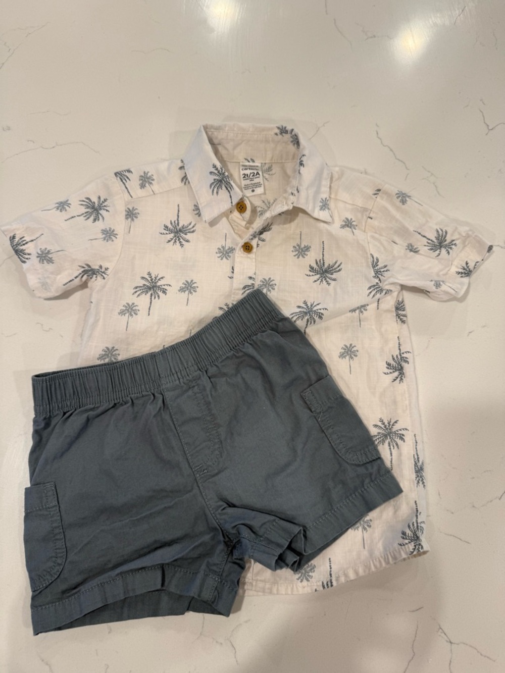 Carter's White Palm-Print Shirt and Blue Shorts Matching Set